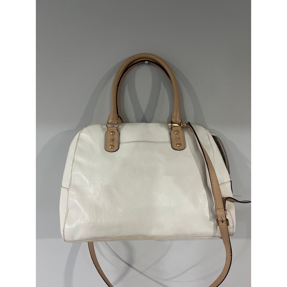 Michael Kors Monogram Cream Satchel Leather Trim Elegant Handbag - Picture 9 of 12